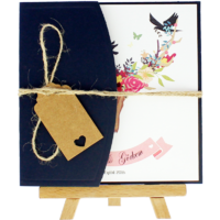 kare - Açık Davetiye Zarfı - Kare-Lacivert-  İpli, Kraft Etiketli