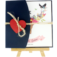 kare - Açık Davetiye Zarfı - Kare-Lacivert- Kırmızı Kalpli