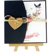 kartpostal - Açık Davetiye Zarfı - Kare-Siyah - İpli, Kraft Kalpli