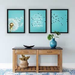 3 Çerçeveli Tablo Seti - Mutluluk Çiçeği ve Kuşlar